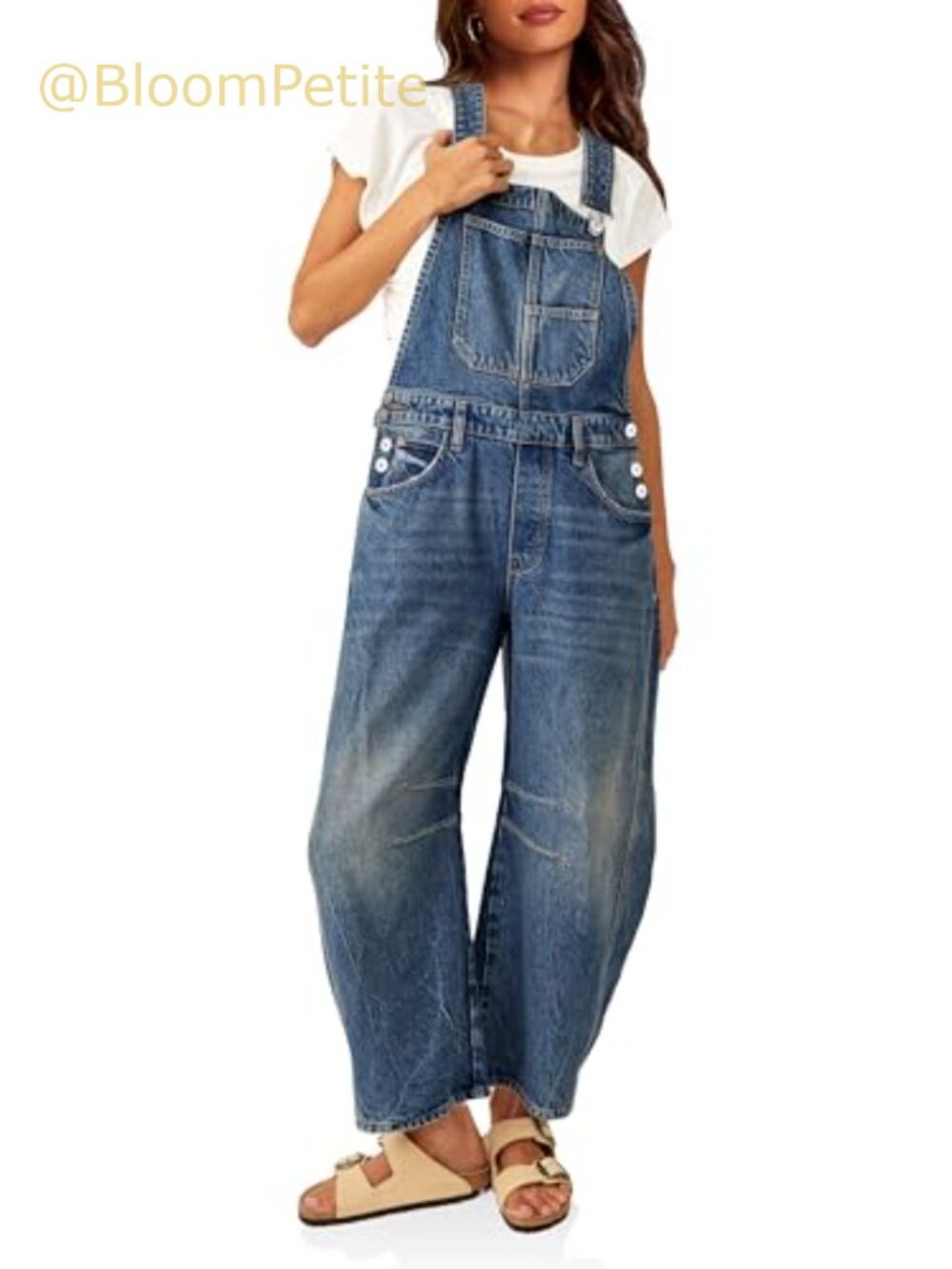 Women's Denim Bib Overalls Barrel Leg Adjustable Strap Loose Fit Jean Jumpsuit